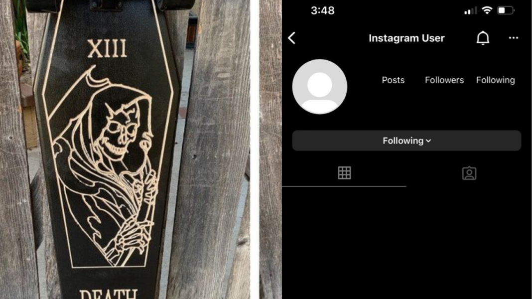 A skateboard deck with a coffin-shaped design featuring a skeleton illustration labeled XIII, next to a blurred Instagram profile page.